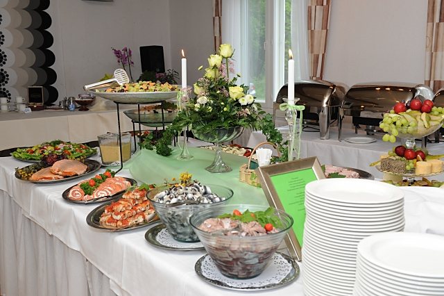A buffet table set for serving
